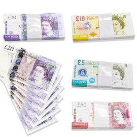 Fake Money Notes, 100 Pcs Prop Money UK, Play Money Stacks Educational Toys for 3+ Year Olds, Four Denominations(5 10 20 50) Fake Cash, Fake Notes for Pranks, Play Board Games and Birthday Party