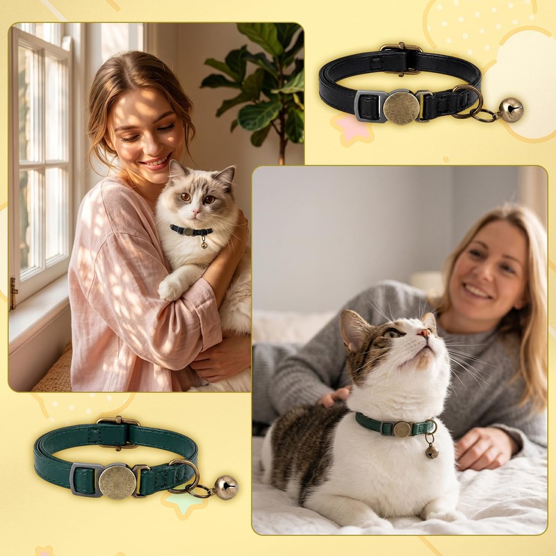 4 Pcs Leather Cat Collar Breakaway with Bell Adjustable Safety