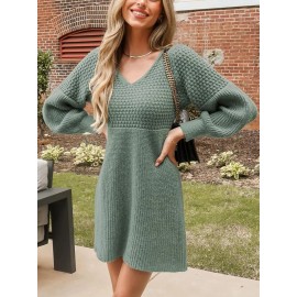 CUPSHE Women's Sweater Dress V Neck Honeycomb Long Sleeve Textured Fall Casual S