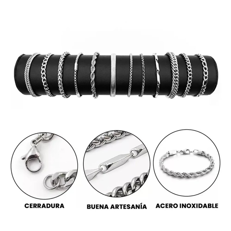 Pulseras Hombre Acero Inoxidable 12 Piezas Plata Joyería