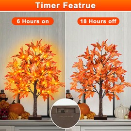 24 Inch Lighted Maple Tree with 36 Lights, 72 Leaves, 6 Acorn, Timer Battery Operated Tabletop Artificial Fall Tree for Thanksgiving Harvest Home Decor, Fall Table Decorations (24 Inch 2 Pack)