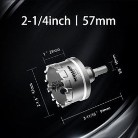Mollom (2-1/4''|57mm) Heavy Duty Carbide Hole Saw with 2 Pilot Drill Bits, Hole Cutter cuts Stainless Steel, mild Steel, Iron, Copper, Brass, Plastic