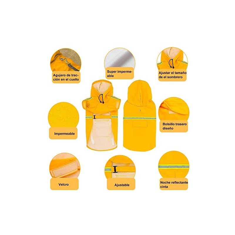 Impermeable para Perros con Capucha con Rayas Reflectantes，Ajustable，Resistente al Agua,