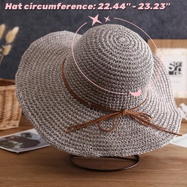 Womens Floppy Straw Sun Hat Foldable Wide Brim Summer Beach Hat Packable Roll Up Crochet Bucket Hat, Grey, Medium-Large