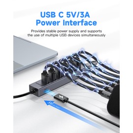 FORIDA USB C to USB Hub, 8 Ports USB 3.0 Adapter with 7 USB 3.0 Data Ports,USB Splitter with USB C 5V/3A Power Port, 9.8N/25CM Main Cable for Laptop PC and More (Dark Gray, 9.8 in)
