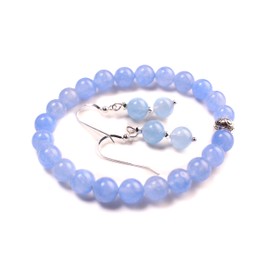 Periwinkle Blue Chalcedony 8mm Elastic Bracelet with Fancy Rhodium Spacer, Matching 927 Sterling Silver Earrings Jewelry Set (6.5")