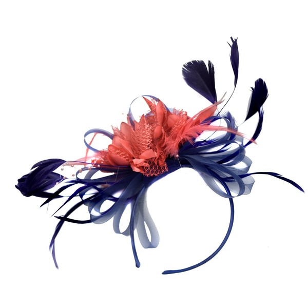 Caprilite Fashion Navy and Coral Fascinator on Headband Alice Band UK Wedding Ascot Races Derby