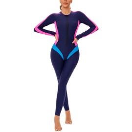 Women’s One Piece Bathing Suit Quick Dry Surf Suit Color Block Full Body Front Zipper Rash Guard Long Sleeve 50+ UPF Sun Protection for Surfing Snorkeling Blue Pink 3XL 2025