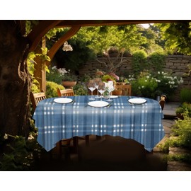 EVERYDAY LUXURIES Waterproof Round Fitted Tablecloth with Umbrella Hole 70 Inch Stain and Wrinkle Resistant| Decorative 3.6 Gauge Blue Atlantic Plaid Vinyl Table Cover for Indoor Outdoor SeatingS.
