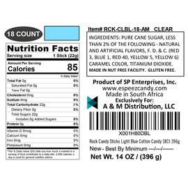 Extra Large Rock Candy Sticks: 18 Light Blue Cotton Candy Lollipop - Individually Wrapped - Crystal Rock Candy Sticks for Candy Buffet, Birthdays, Weddings, Receptions, Bridal and Boy Baby Showers