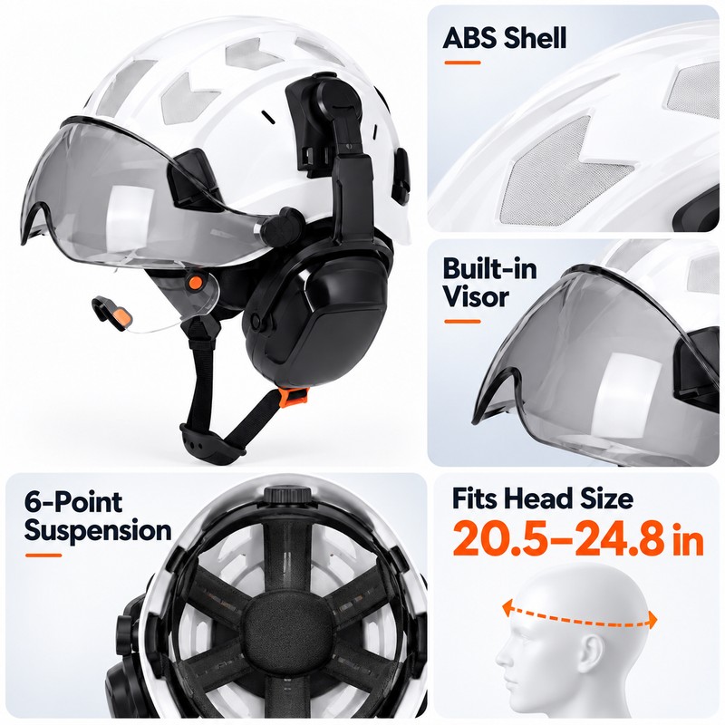 Safety Helmet with Built-In Visor & Removable Earmuffs – Style