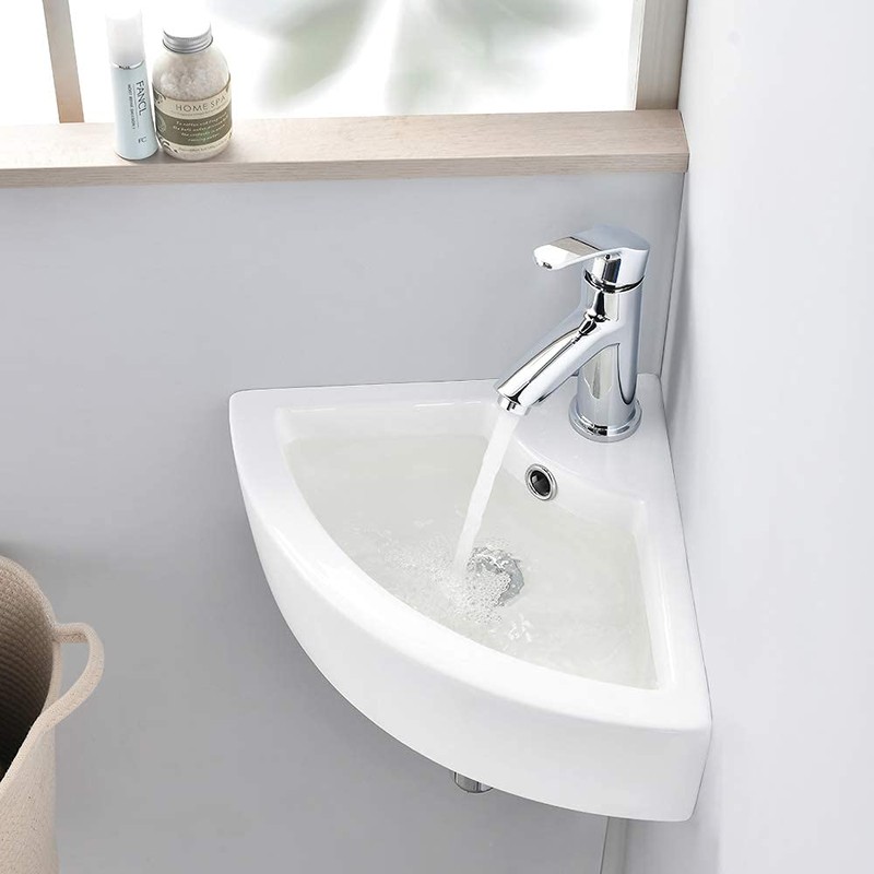 VASOYO Small Corner Bathroom Sink Wall Mount White Triangle Porcelain
