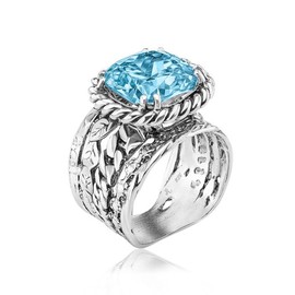 925 Sterling Silver Ring with Cushion Cubic Zirconia - Braid Leaf Vintage Design - Hypoallergenic, Nickel & Lead-free - Artisan Handcrafted Designer Collection (Size 5-11) - Aquamarine