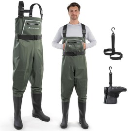 Calamus WaveWalker Fishing Waders for Men & Women, 100% Waterproof PVC Chest Waders with Slip-Resistant Boots, Tear-Resistant Nylon, Ample Storage, Wader Hanger, Military Green, 13
