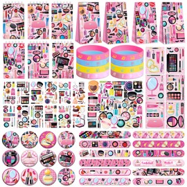144PCS Spa Party Favors Set, 50 Stickers, 12 Tattoo Stickers, 12 Button Badges, 12 Mini Notepads, 12 Slap Bracelets, 12 Rubber Bracelets, 12 Goodie Bags for Girls Women Spa Birthday Party Supplies