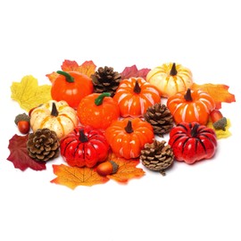cnomg 25Pcs Fake Pumpkins Mini Artificial Pumpkin Set Fall Harvest Decoration Kit Fake Maple Leaves Acorns Pinecones for Fall Home Farmhouse Harvest Thanksgiving Table Decor