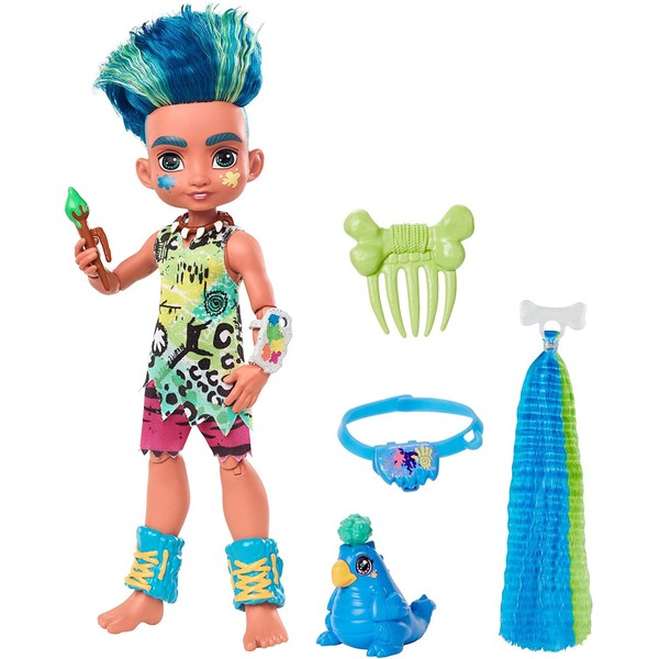 Mattel Cave Club Slate Doll (10-inch, Blue Hair) Poseable Prehistoric Fashion Doll with Dinosaur Pet and Accessories, Gift for 4 Year Olds and Up []