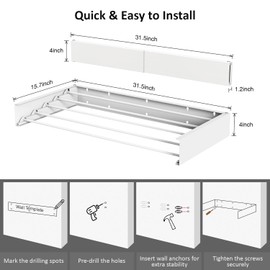 SZJoyBet Laundry Drying Rack, Collapsible Wall Mounted Clothes Drying Rack - Drying Rack Clothing Foldable,Space Saving, 31.5" Wide, 13.2 Linear Ft, 5 Aluminum Rods, 60 lb Capacity (White, 31.5")