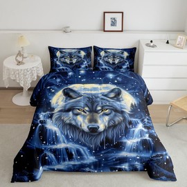 Exotic Wolf Kids King Comforter Sets,Mystery Galaxy Sky Reversible Bedding Set for Boys Men Teens Children,Gothic Moon Animals 3 PCS,Glitter Sky Wildlife Duvet Insert,2 Pillow Cases