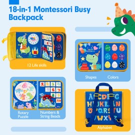 hahaland Toddler Toys Busy Board, Montessori Toys for Baby Boys, Boy Birthday Gift 18 in 1 Preschool Learning Activities with 12 Life Skills-Numbers,String Beads,Shapes,Colors,Puzzles,Alphabet
