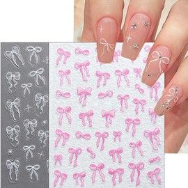 White Lace Bow Nail Art Stickers Cute Bowknot Nail Decals White Pink 3D Self-Adhesive Retro Exquisite Bow-tie Nail Design Supplies Ribbon Bow for Women Girls DIY Manicure Nail Art Decoration 3 Sheets