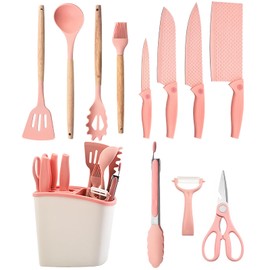 Cooking Utensils Set, 12Pieces Kitchen Utensil Set with 5 Pieces Silicone Spatula Set 4 Piece Knife Set with Scissors and Block, Sharp Stainless Steel Knife Block Set and Kitchen Tool Set (Pink)