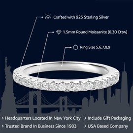 Gem Stone King Stackable Half Eternity Wedding Band Ring For Women | White Round Created Moissanites | 925 Sterling Silver | 0.30 Cttw | G-H Color | Available in Size 5,6,7,8,9