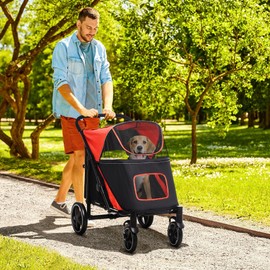 PawHut Dog Stroller for Large Medium Small Dogs up to 66 Lbs. 23.5" in Body Length, One-Click Foldable Pet Cat Stroller with Storage, Shock Absorption Wheels, Mesh Window, Safety Leash, Red
