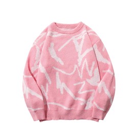 BEAUDRM Men's Aesthetic Graphic Sweater Coogi Y2K Crewneck Oversized Sweaters Knit Unisex Long Sleeve Pullover Jumper Tops Pink Medium