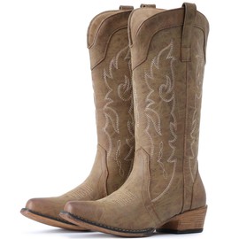 IUV Cowboy Boots for Women Mid Calf Fashion Cowgirl Boots with Embroidery Western Snip Toe