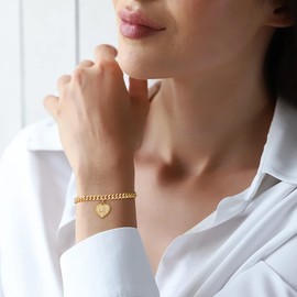 GLIJWELE Initial Gold Charm Bracelets for Women, 14k Gold Filled Cuban Gold Charm Bracelet for Women Heart Initial A Bracelet Gold Charm Bracelet Gold Jewelry Gifts for Women