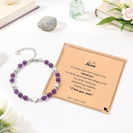 Wisedawn Mothers Day Gifts for Mom, Unique Birthday Valentines Christmas Gift Idea for Mom from Daughter Son, Healing Natural Stone Amethyst Bead Silver Purple Mother Bracelet