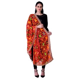 SWI WITH LABEL Women's Phulkari Dupattas Hand Embroidered In Amritsar Punjabi Pankha Design Festive Dupattas for Different Occasions Vibrant Red Colour