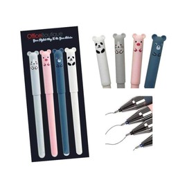 Office Boutique Decorative Erasable Gel Pens – Set of 4, Cute Animal Designs – Bear, Pig, Panda, Cat