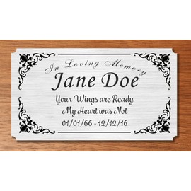 2.5" H x 4.5" W, Elegant Heart Engraved Brass Plaque, Memorial Name Plate, Satin Silver Finish, Customize Message, Made in USA