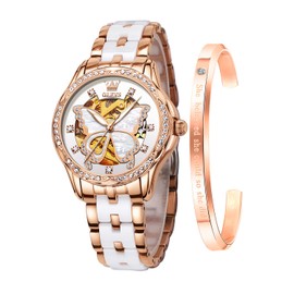 OLEVS Wristwatch, Waterproof, Women's, Fashion, Fashion, Simple, Women's, Crystal, Arabic/Roman Dial, Leather Strap, Easy to Read Watch, Cute Watch, white 6622, Bracelet Type