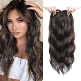 Hair Toppers for Women Wavy 6x6'' Handmade Natural Hairline Hair Pieces for Women 16 inch Super Soft Feel Like Real hair Add HairVolume (Dark Brown with Highlights)