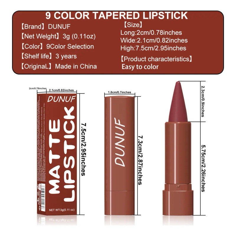 Labial Mate Duradero Dunuf 1 Pieza Tono Mate Puntiagudo