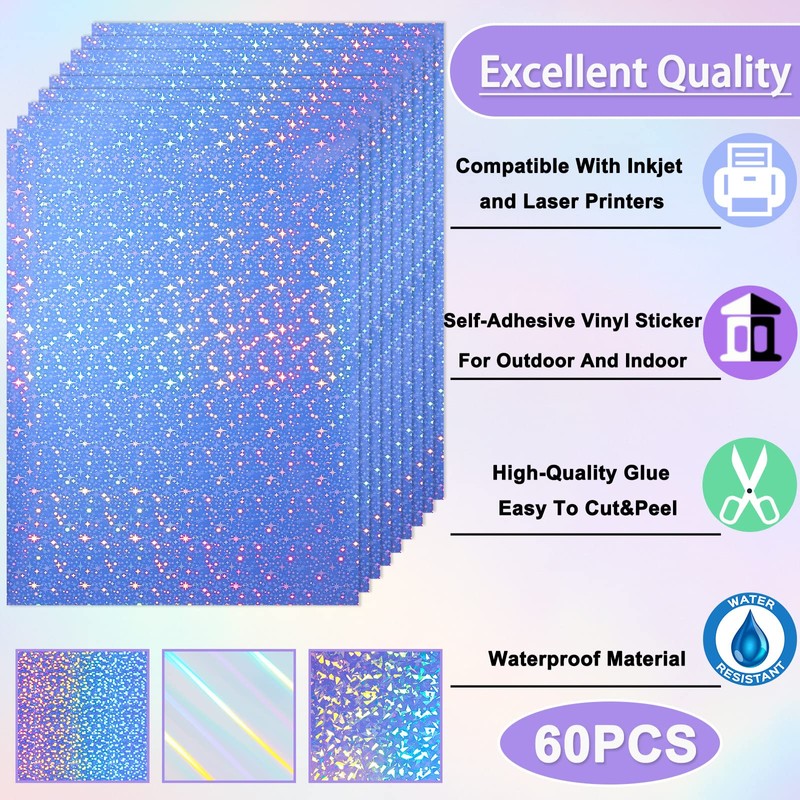 60 Sheets Printable Holographic Laminate Sheets Vinyl Sticker Paper Printable