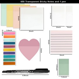 650 Pcs Transparent Sticky Notes Set See Through Notes, Colourful Clear Sticky Notes, 1 Pcs Fine Tip Black Dual Tip Marker for School, Home, Working