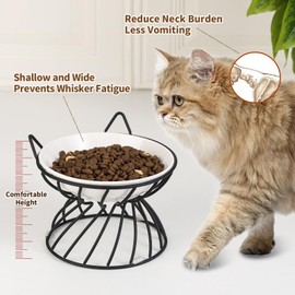 Raised Ceramic Cat Food Bowl - Elevated Cat Dish with Anti Slip Stand - Wide Shallow Cat Bowl Whisker Friendly - White Cat Plate - Cat Feeding Bowls - 8.5 oz - 5.75 inch