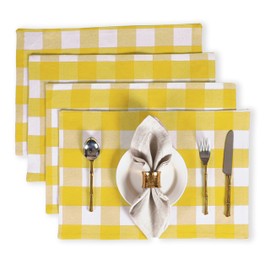 Native Fab Cotton Placemat 14x19 inches, Heat Resistant, Buffalo Plaid Place mats Set of 4, Decorative Reversible Check Pattern Placemats for Dining Decor, Kitchen, Lemon Yellow, White