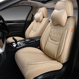 TINRAIYANG Car Seat Covers Front Pair, Breathable Leather Automotive Front Seat Covers with Headrest, Universal Automotive Vehicle Seat Cover for Most Sedan SUV Pick-up Trucks, Beige