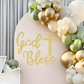 MASTRON God Bless Cross Sign for Backdrop - Glitter Gold Felt Cross God Bless Baptism Party Backdrop for Boys Girls Baby Shower First Communion Confirmation Bautizo Decorations