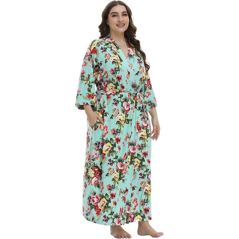 iFigure Women's Plus Size Long Robe Floral Bathrobes Dressing Gown
