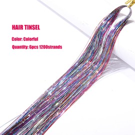 Colorful Hair Tinsel Kit with Tool 6pcs 1200 Strands Glitter Tinsel Hair Extensions Heat Resistant Sparkling Shiny Fairy Hair Accessories for Women Girls Kids 47Inch