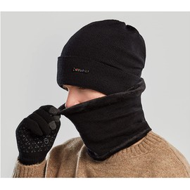 LOLO Gorro con Bufanda Unisex Gorro para Frío Y Guantes Táctiles Invierno para Hombre y Mujer Tejido de Punto (Negro+Guantes)