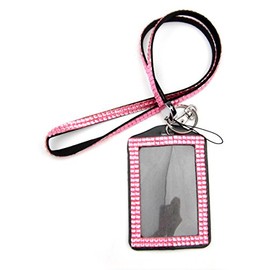 Rhinestone Lanyard Bling Crystal Necklace + Card Holder for Id/Key/Cell Phone (Pink)