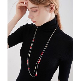 BULINLIN Layered Silver Long Necklace for Women Natural Stones Beaded Pearl Necklace Costume Silver Jewellry Mothers Day Gifts for Her(Red turquoise)