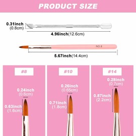 3 Pcs Acrylic Nail Brush Set, Size 8/10/14 Professional Nail Brushes for Acrylic Powder, Nail Acrylic Brush, with 1 Pcs Dual Head Cuticle Pusher, for Diy Home Salon Nail Art